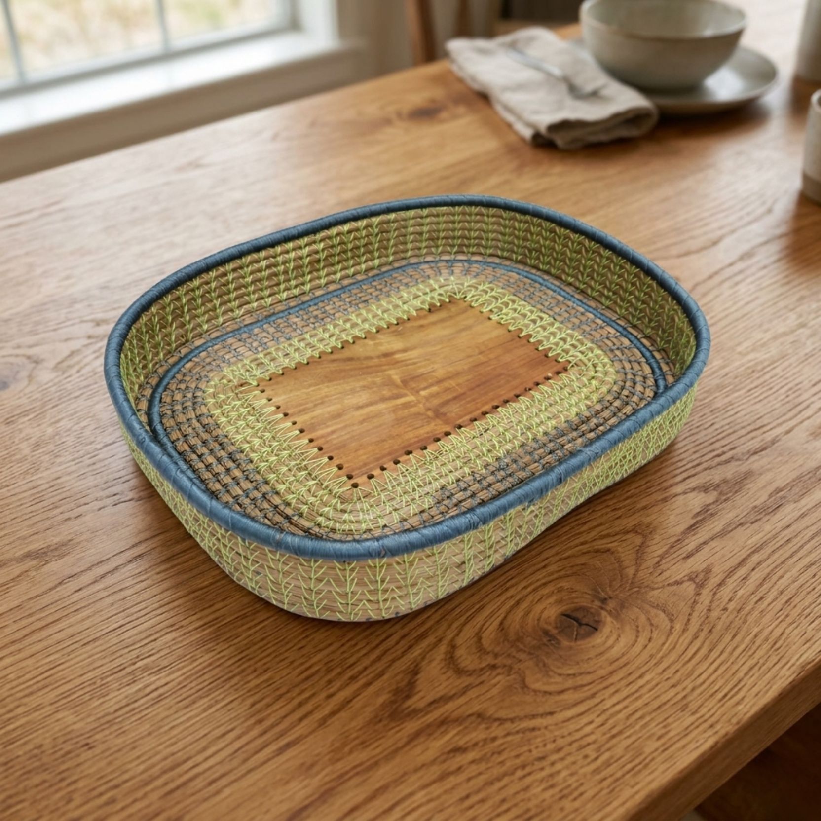 saras aajeevika 10x12 Inch Pine Needle Handmade Multipurpose Serving Tray Storage Basket Tray Serving Set-picture-28