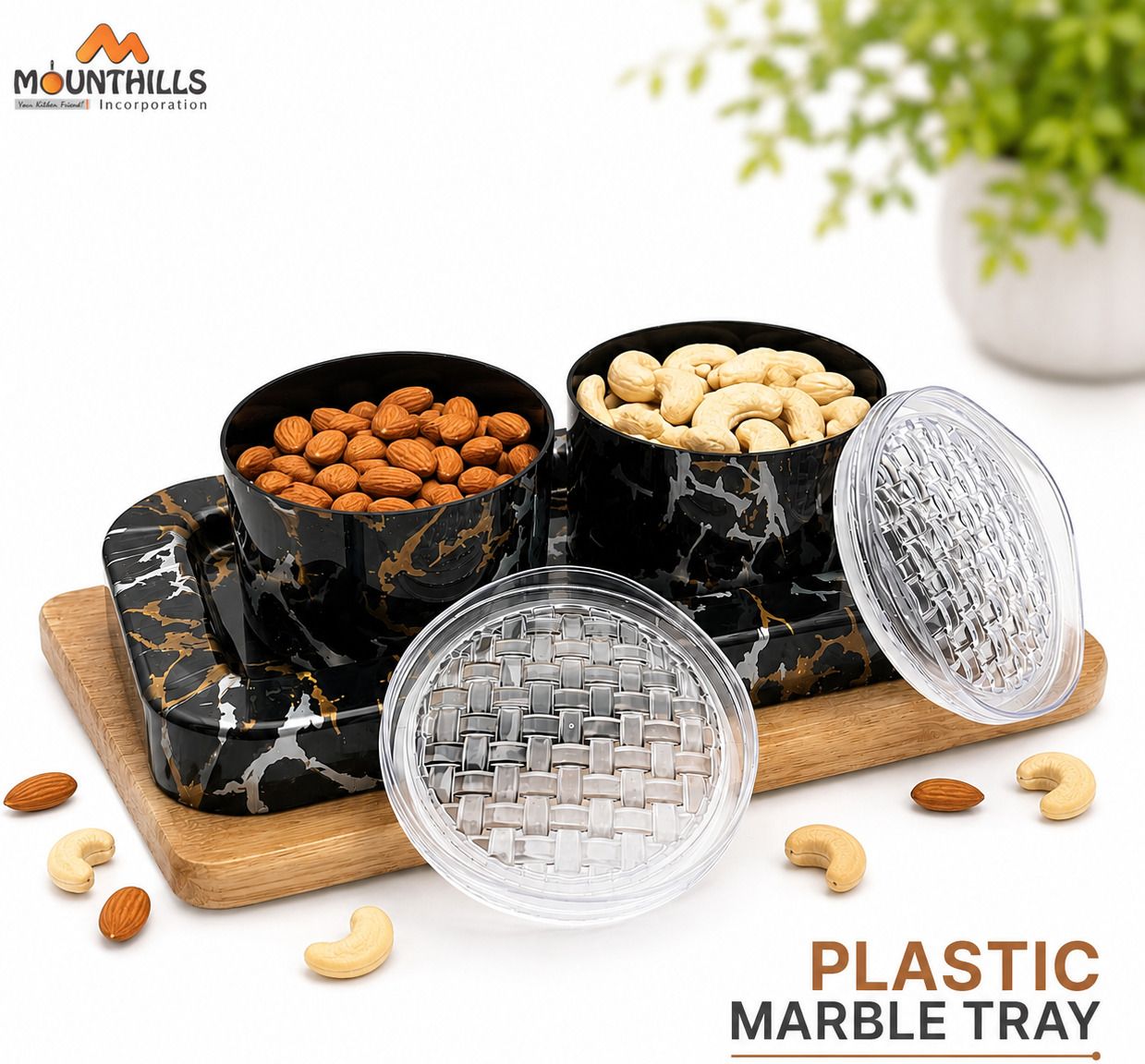 Plastic Marble Tray with 2 Airtight Storage Bowls (400 ml Each) Tray, Container Serving Set-image-3
