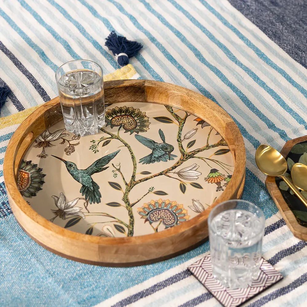 Decorative Mango Wood Serving Tray with Hummingbird Design Plate, Tray Serving Set-image-28