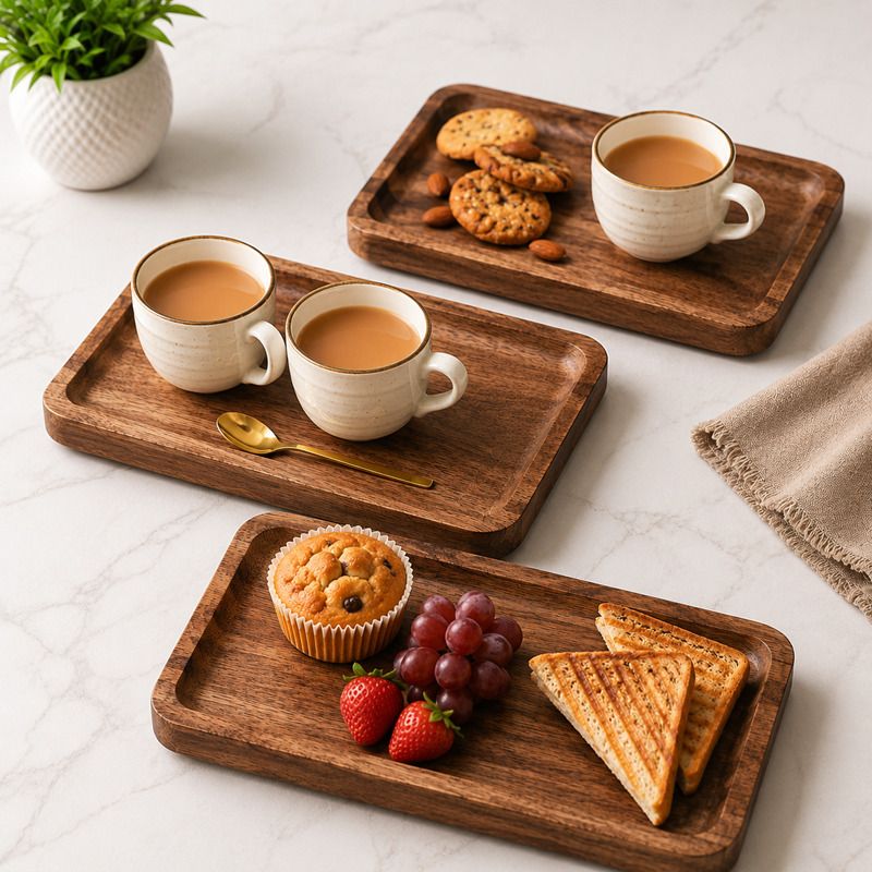 Premium Acacia Wood Rectangular Serving Tray with Rounded Corners Tray Serving Set-image-4