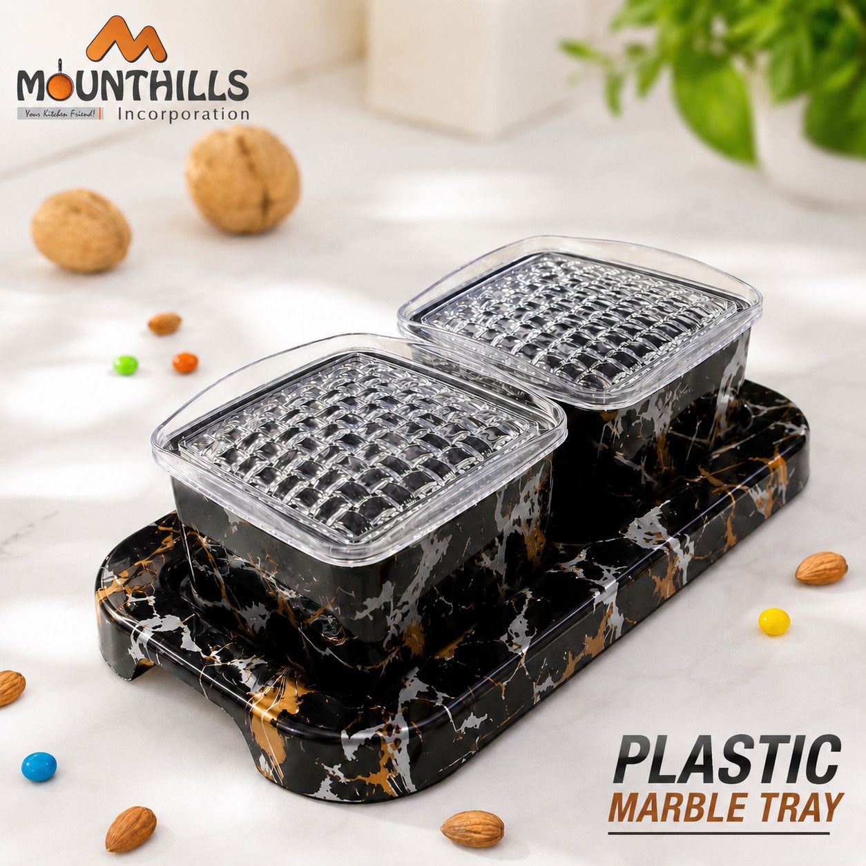 Plastic Marble Tray with 2 Airtight Storage Bowls (400 ml Each) Tray, Container Serving Set-image-6
