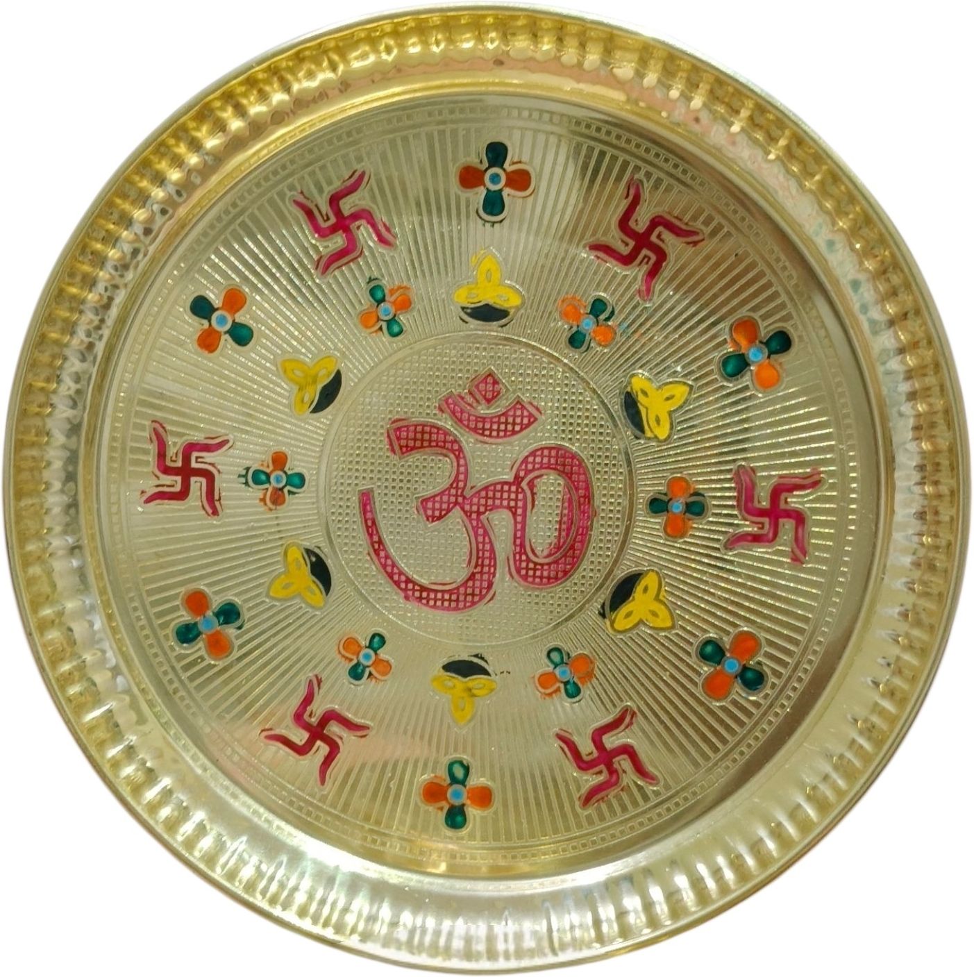 mma traders Brass Pooja Thali 10 Inch Om Design Color Work Decorative Aarti Plate India Tray Serving Set-picture-31