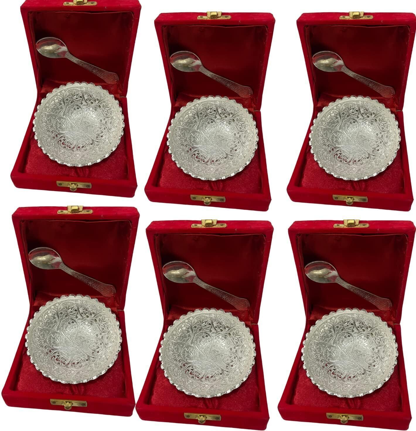 German Silver Single Floral Bowl with Royal Velvet Box (Pack of 6) Bowl Serving Set