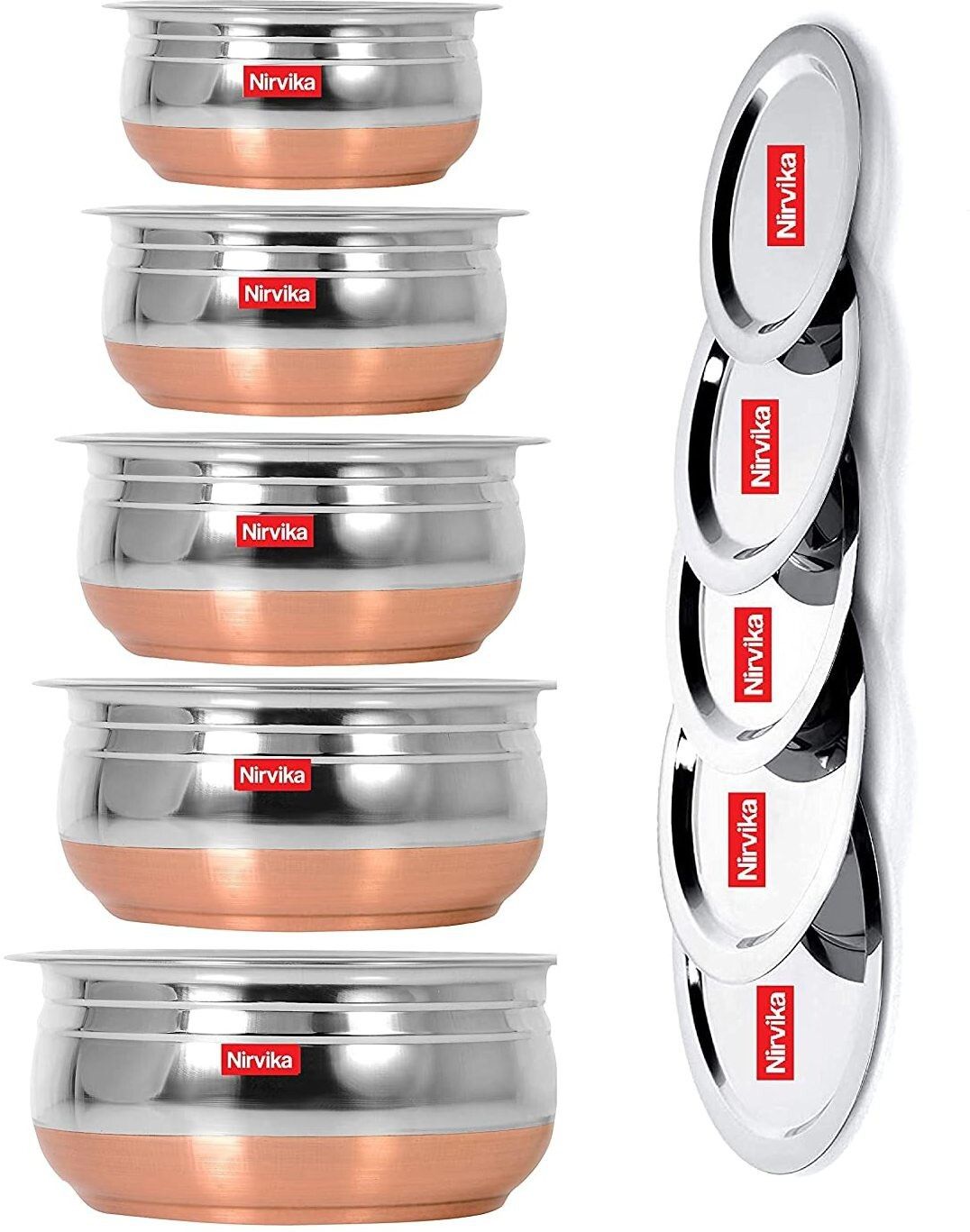 Stainless Steel Copper Bottom handi/Urli Set with Lid Cookware Set (Stainless Steel, Copper, 5 - Piece) Cookware Set (Stainless Steel, Copper, 5 - Piece) biryani new pot milk handi serving bowl punjabi handi/ patila/tapeli set of 5 piece handi and 5 piece lid0.4 L, 0.65 L, 0.85 L, 1.2 L, 1.6 L with Lid Dinner Set Dish Serving Set
