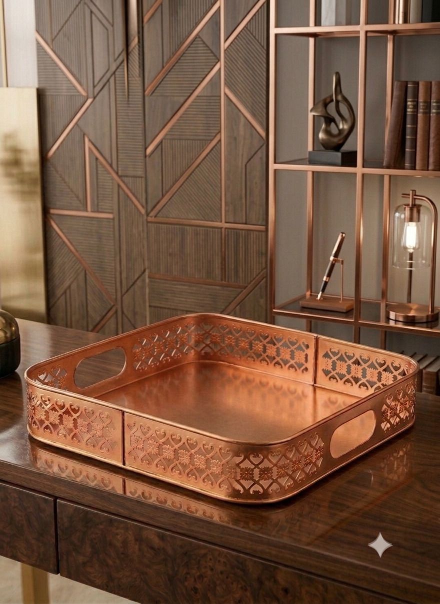 caprigo Square Copper Finish Filigree Decorative Tray with Built-in Handles 10 Inche Tray Serving Set-picture-13