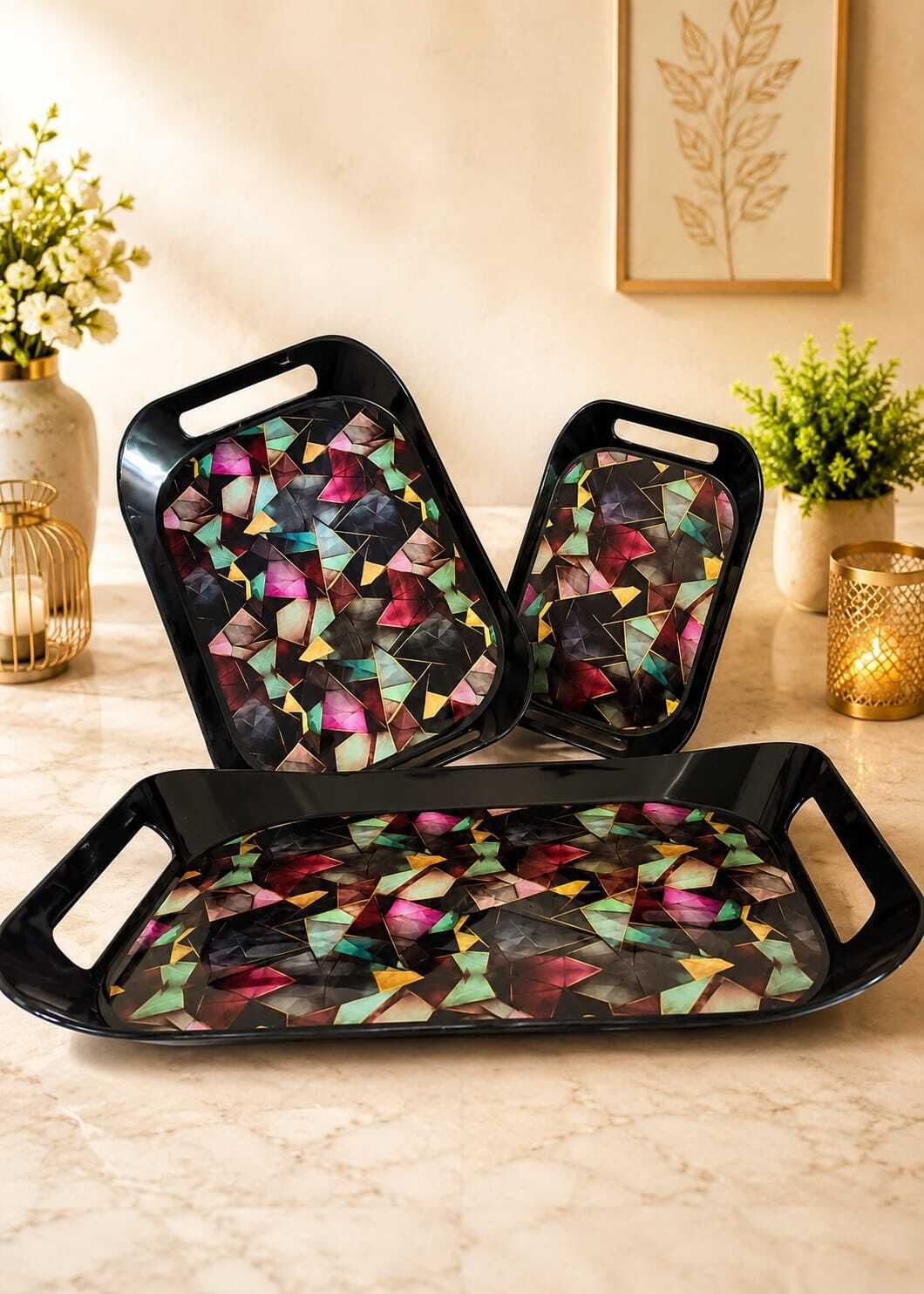 Designer Serving Tray Set of 3 | Durable Plastic Kitchen Tea & Coffee Glass, Tray Serving Set-image-7