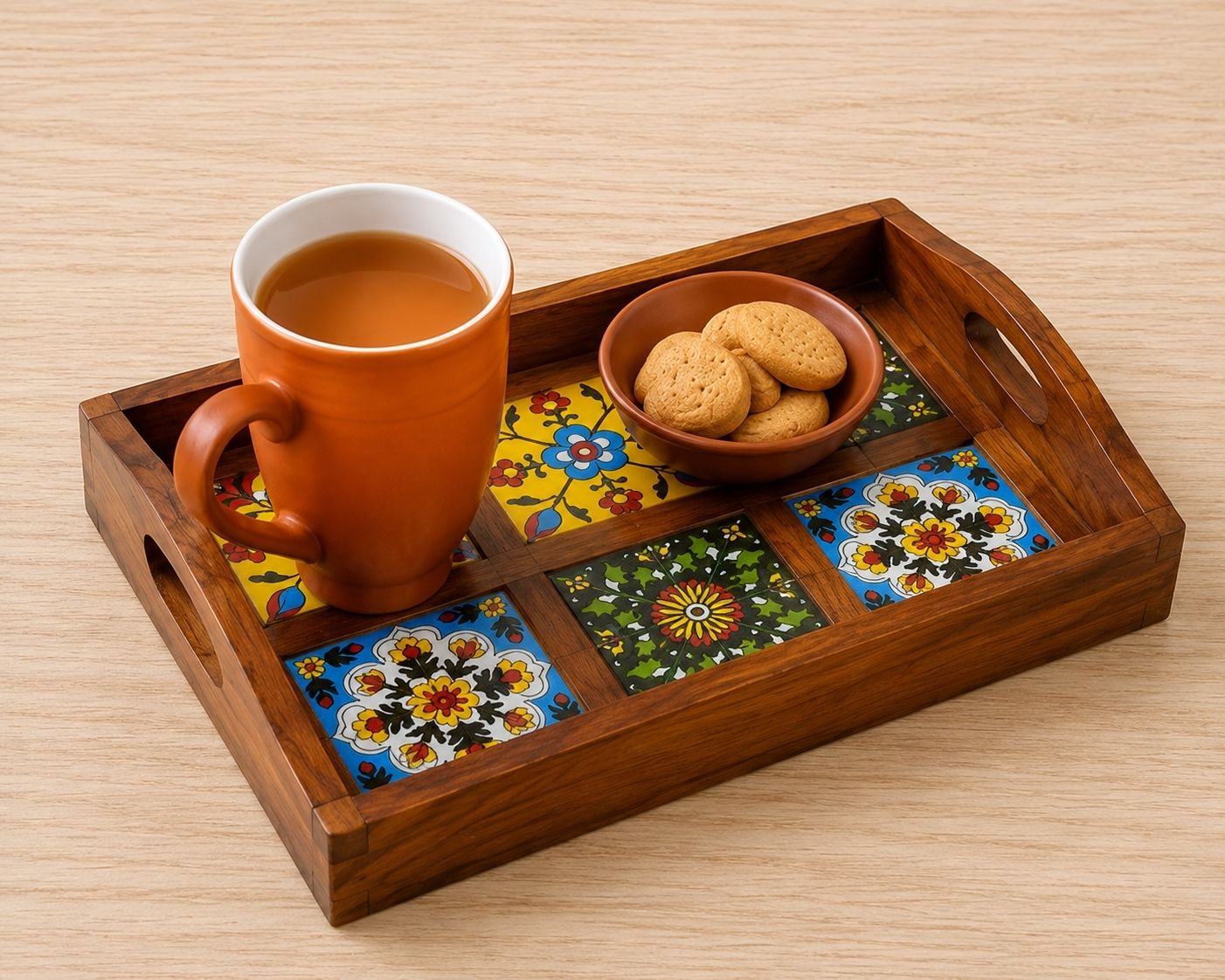 mehta woodpecker enterprises Wooden Blue Pottery Serving Tray Tray Serving Set-picture-10