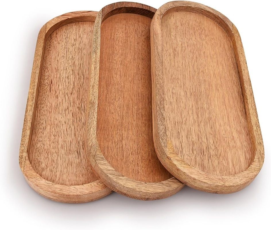 Natural Wooden Serving Tray Set of 3 | Oval Food, Breakfast Tray Serving Set-image-22