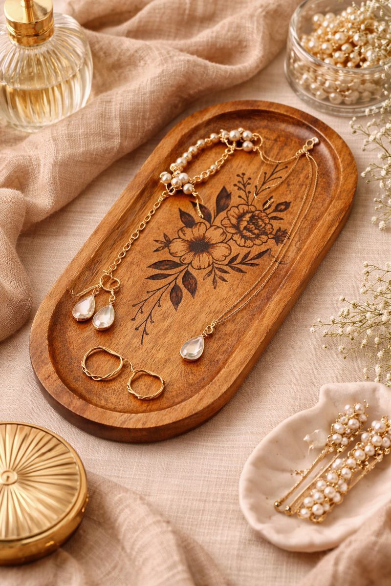 Wooden Serving Tray Oval Shape Floral Design, Organizer for Rings, Necklaces Tray Serving Set-image-4