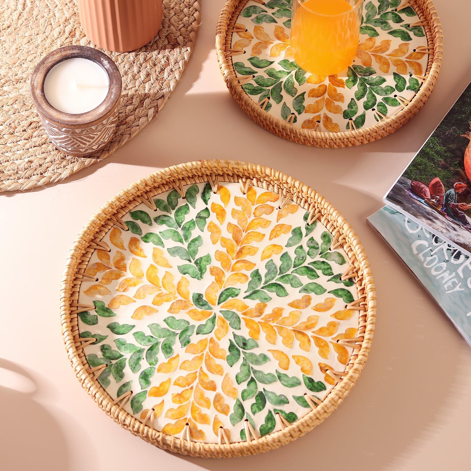 habere india Stylish Round Tray Rattan Beige with Handwoven Pattern for Display Tray Serving Set-picture-16