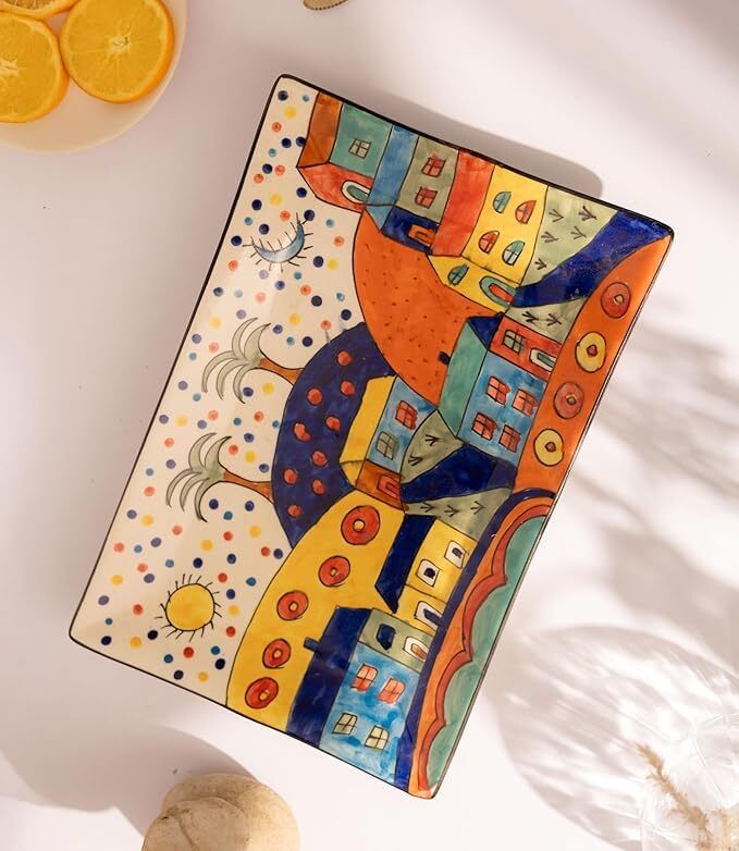 Hand-Painted Ceramic Rectangular Serving Plate, Orange - Studio Pottery Tray Serving Set-image-36