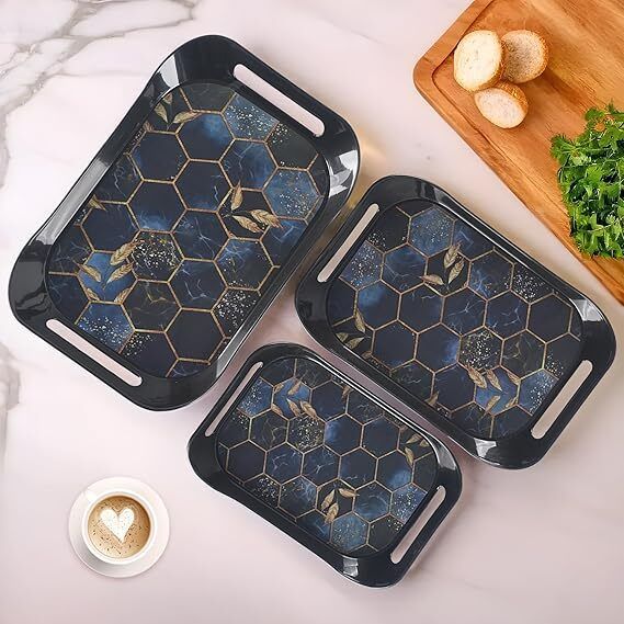 Set of 3 Serving Trays, Black Hexagon Print Plastic Trays with Handle Tray Serving Set
