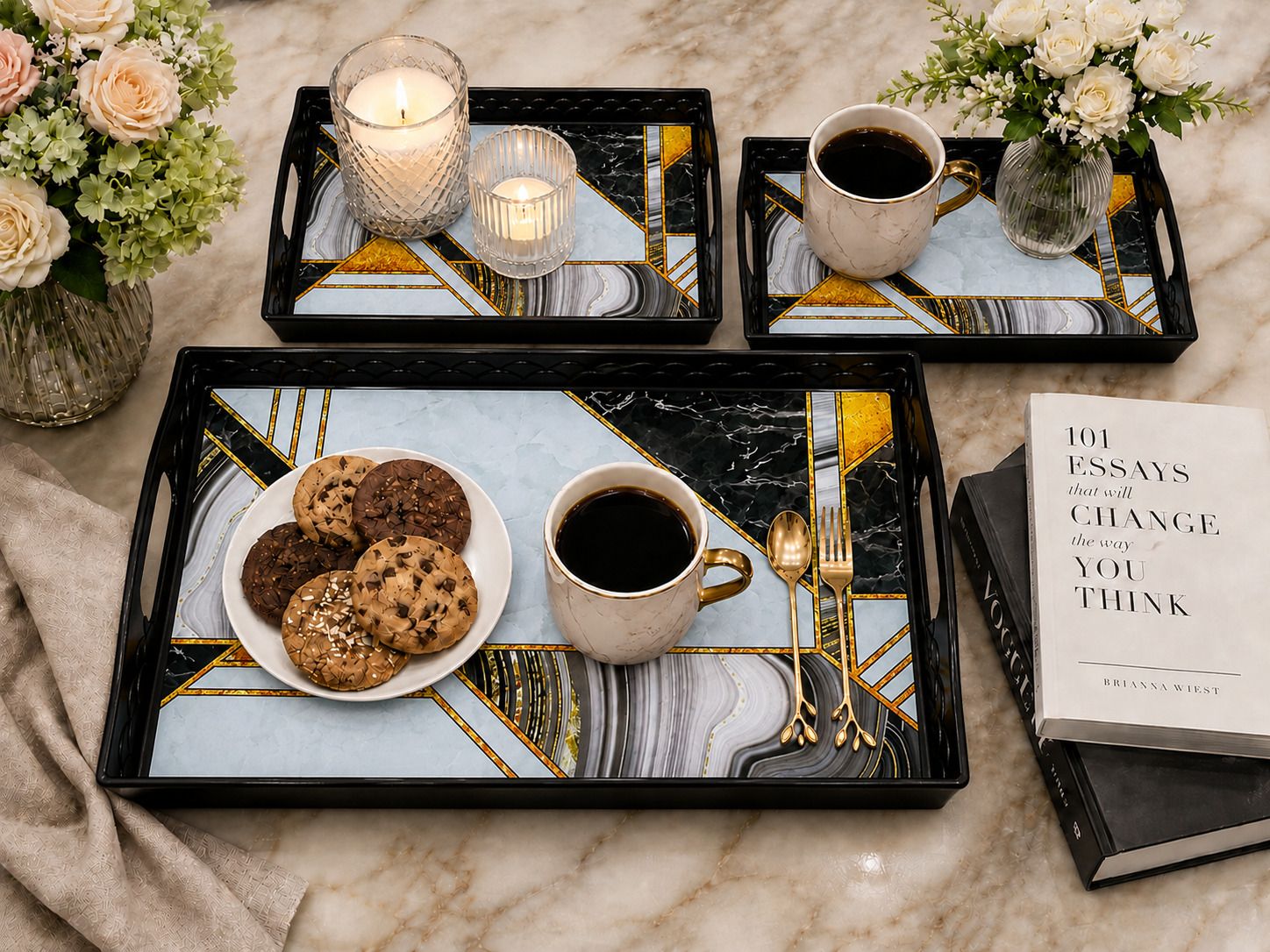 3 Pcs Plastic Serving Tray Set with Handle for Snacks, Breakfast & Serving Tray Serving Set-image-9