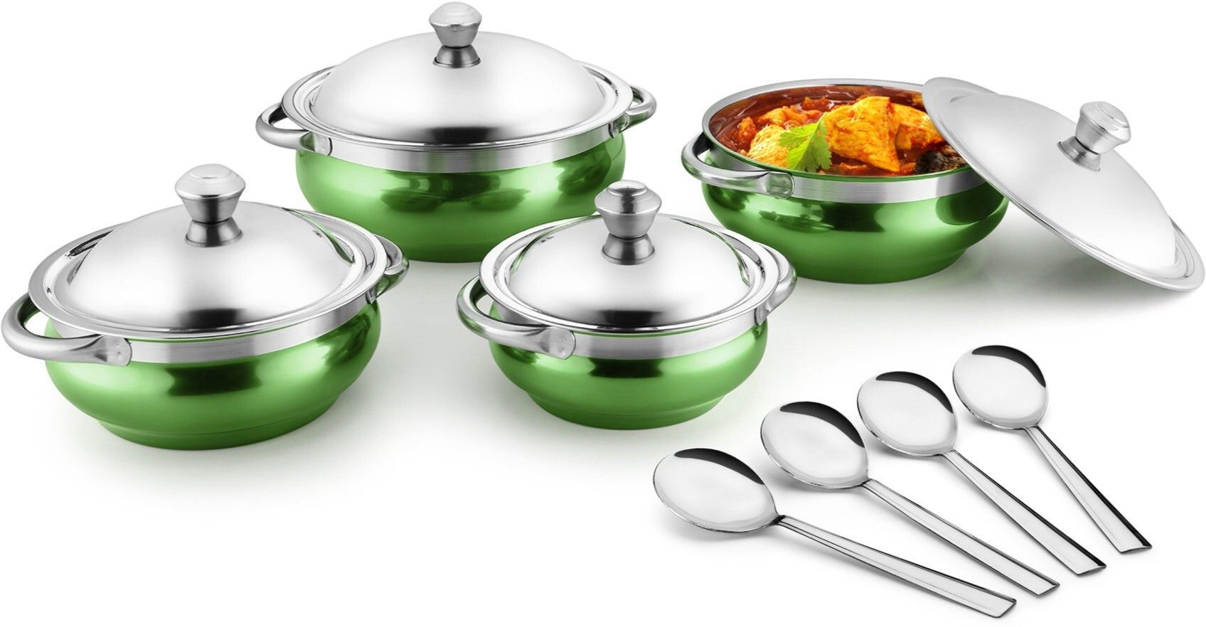 jensons Green 4 Handi with lid + 4 Serving Spoon Bowl, Spoon Serving Set-picture-24