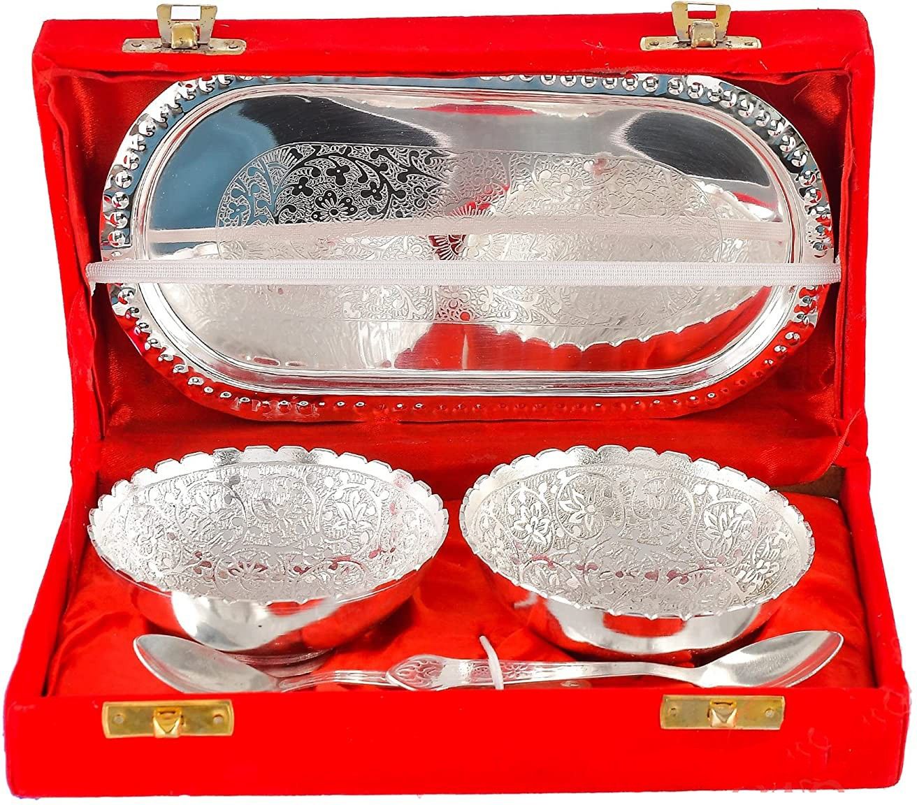Brass Plated Designer Bowl Set with Serving Spoons And Trays (Silver And Gold) Bowl, Tray, Spoon Serving Set-image-31