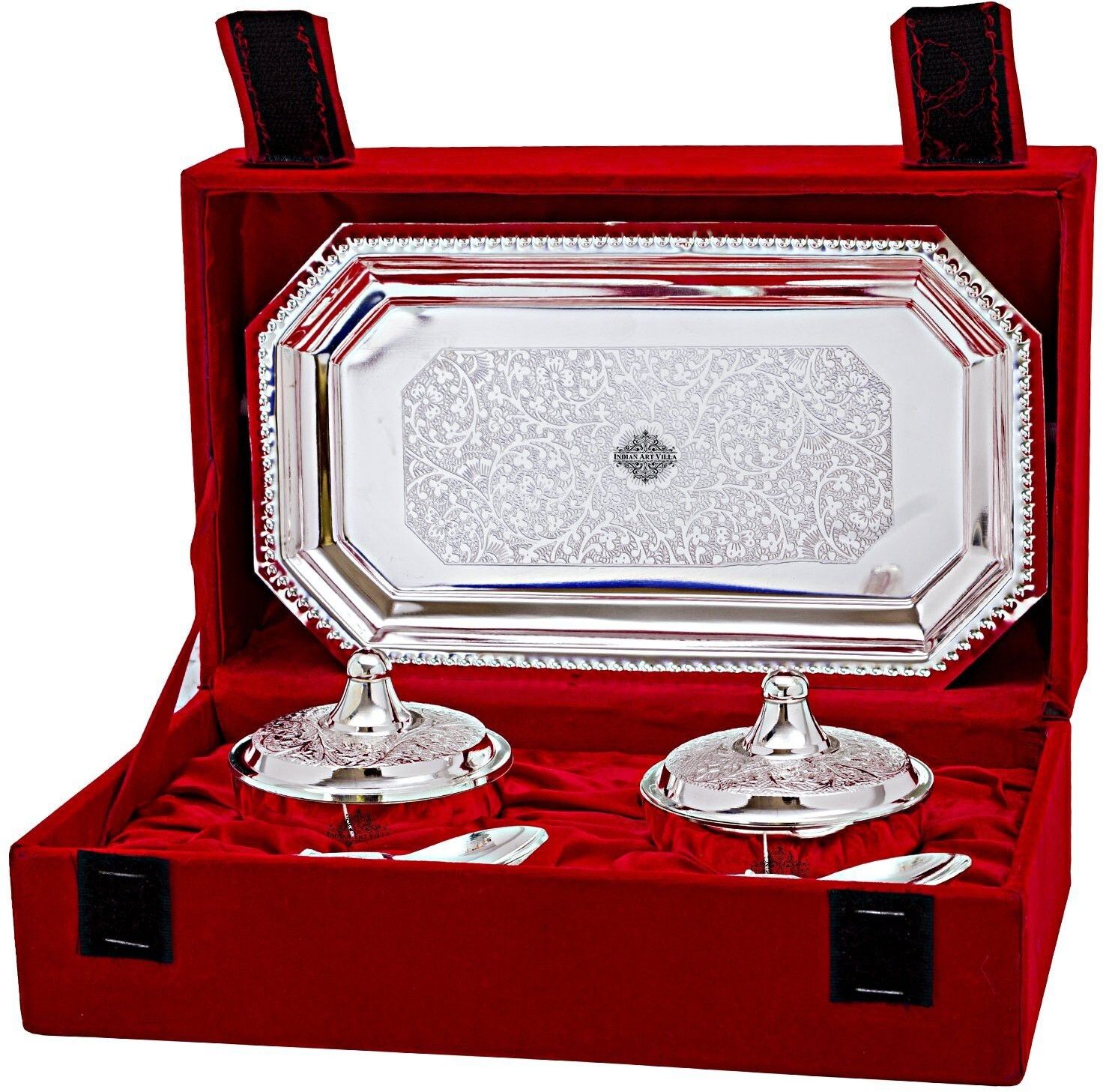 indianartvilla Set of 2,Silver Plated Beetel Bowl with 2 Spoon & 1 Tray Tray, Bowl, Spoon Serving Set-picture-12