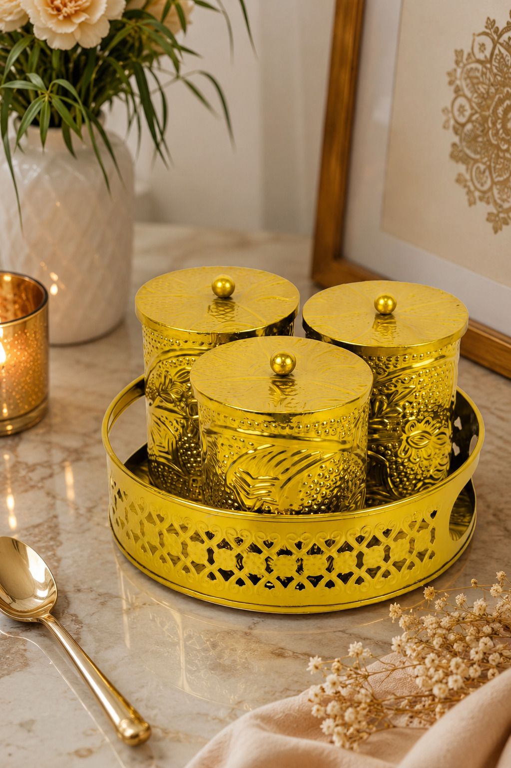 r k handicrafts Set of 3 Metal Storage Containers with Tray for Kitchen & Dining Organizer Tray Serving Set-picture-15