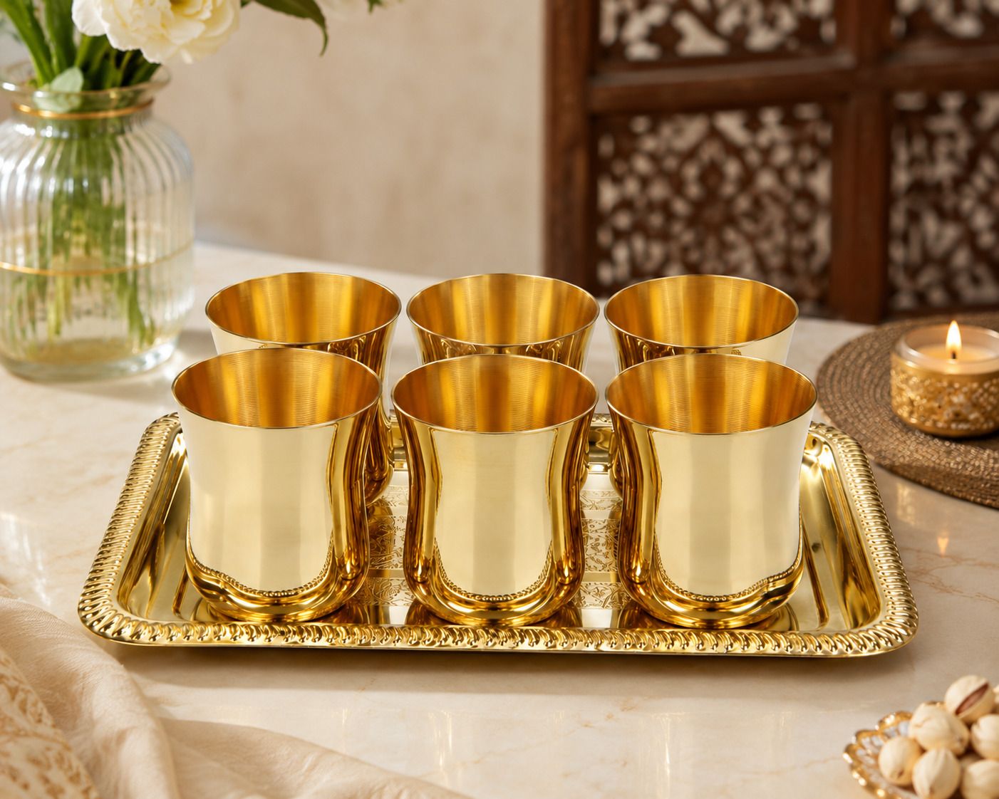 jyoti entreprises Premium Brass Glass Set with Tray | 6 x 300 ml Drinking Glasses Tray, Glass Serving Set-picture-35