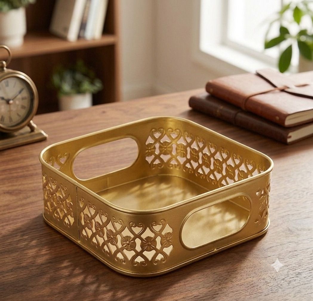 Luxury Gold Metal Desktop Organizer Tray with Built-in Side Handles Tray Serving Set-image-49