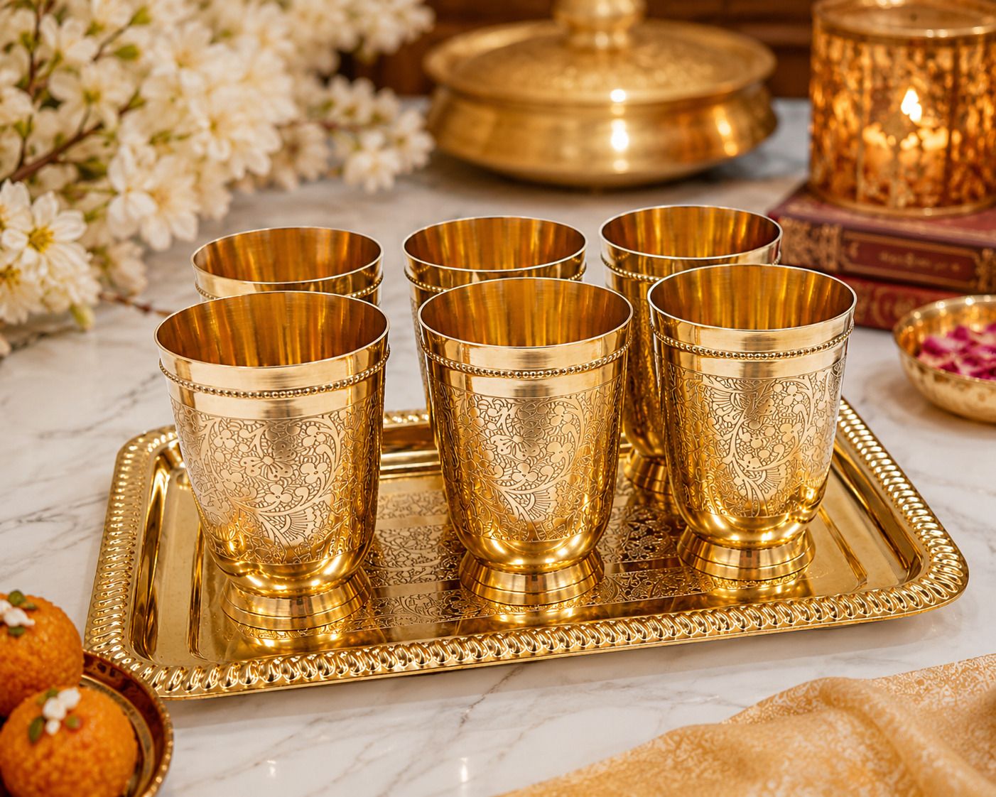 jyoti entreprises Brass Glass Set with Tray | 6 Premium 300 ml Drinking Glasses Tray, Glass Serving Set-picture-20