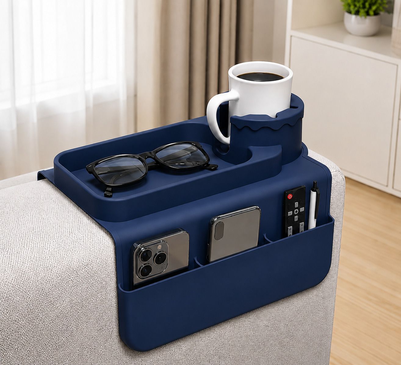Silicone Sofa Armrest Cup Holder Organizer with Mobile & Remote Storage Tray Serving Set-image-27