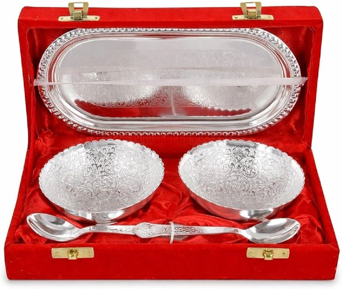 Silver Plated Dry Fruit Serving Gift Set with Tray and Bowls Bowl, Spoon, Tray Serving Set-image-34