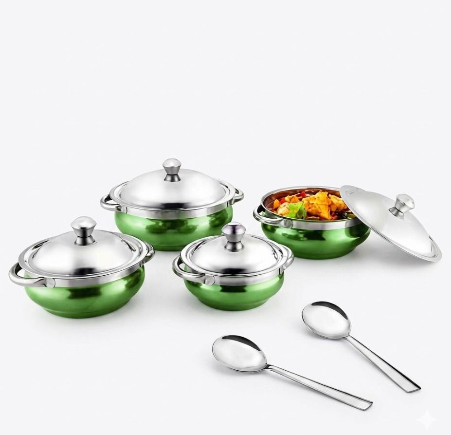 4-Piece Red Stainless Steel Serving Casserole Handi Set with Lids & 2 S.Spoon Gravy Boat, Bowl, Butter Dish, Dish, Gravy Bucket Serving Set-image-30