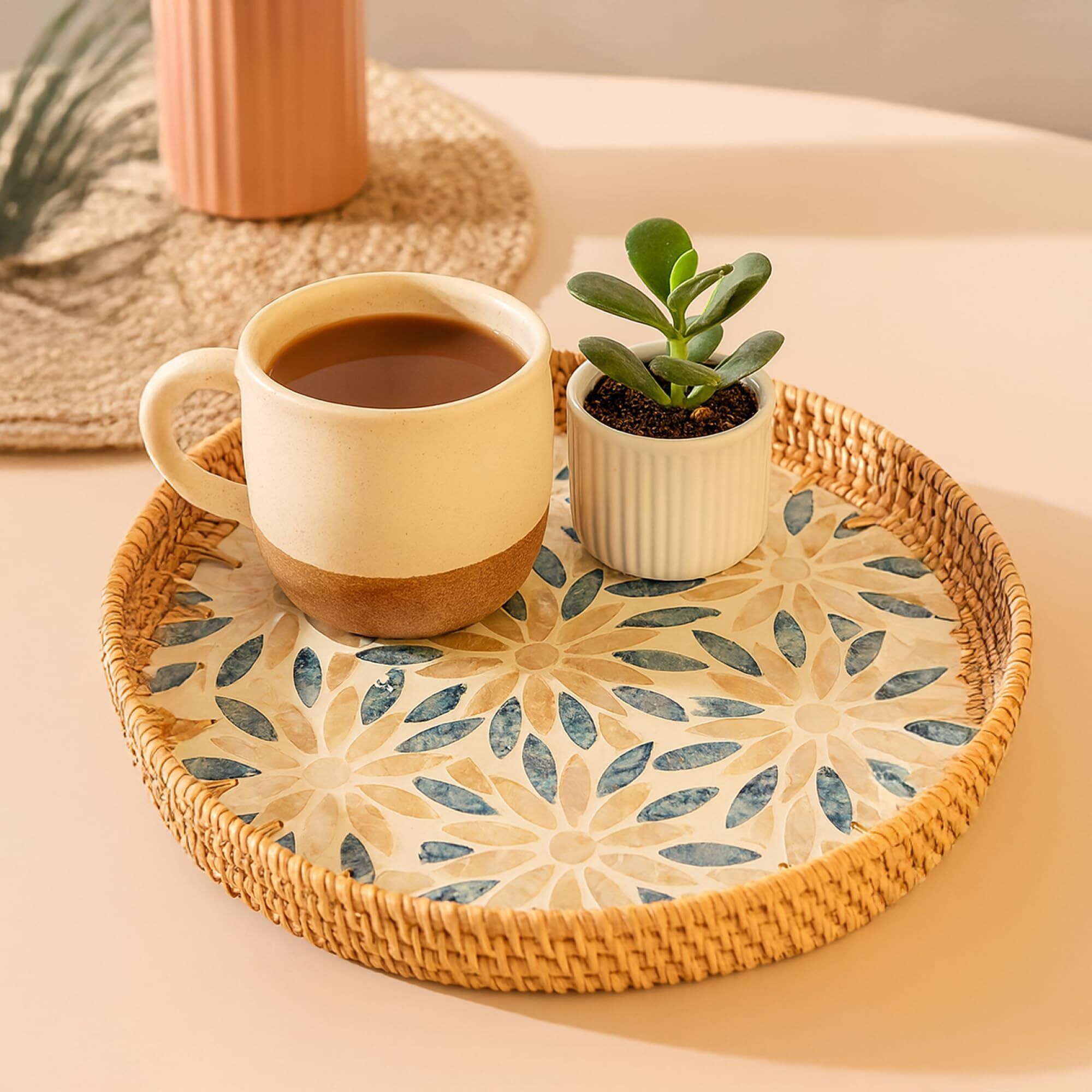 habere india Rattan Tea Tray and Serving Tray Set for Table Use Tray Serving Set-picture-13