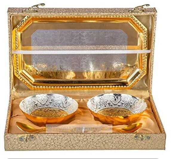 smiles gift Golden & Silver 2 Round Bowl With 2 Spoon, Tray | For Snacks, Dry Fruit Bowl Serving Set-picture-22