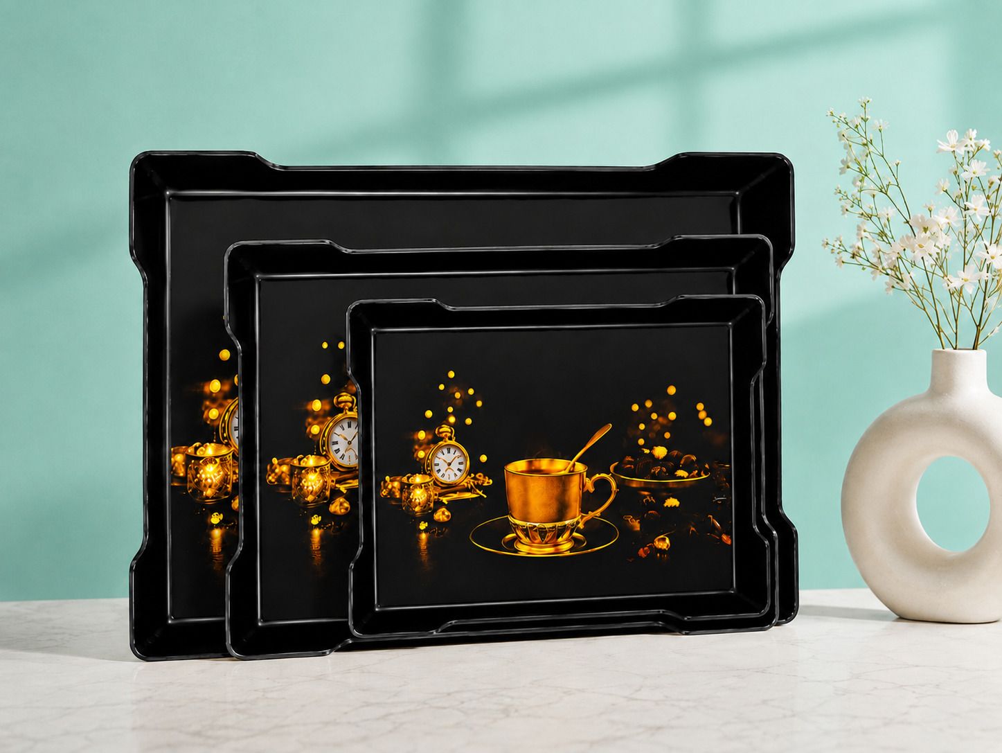 plasticnest Premium Printed Plastic Serving Tray Set of 3 Tea & Coffee Serving Tray Black Tray Serving Set-picture-19