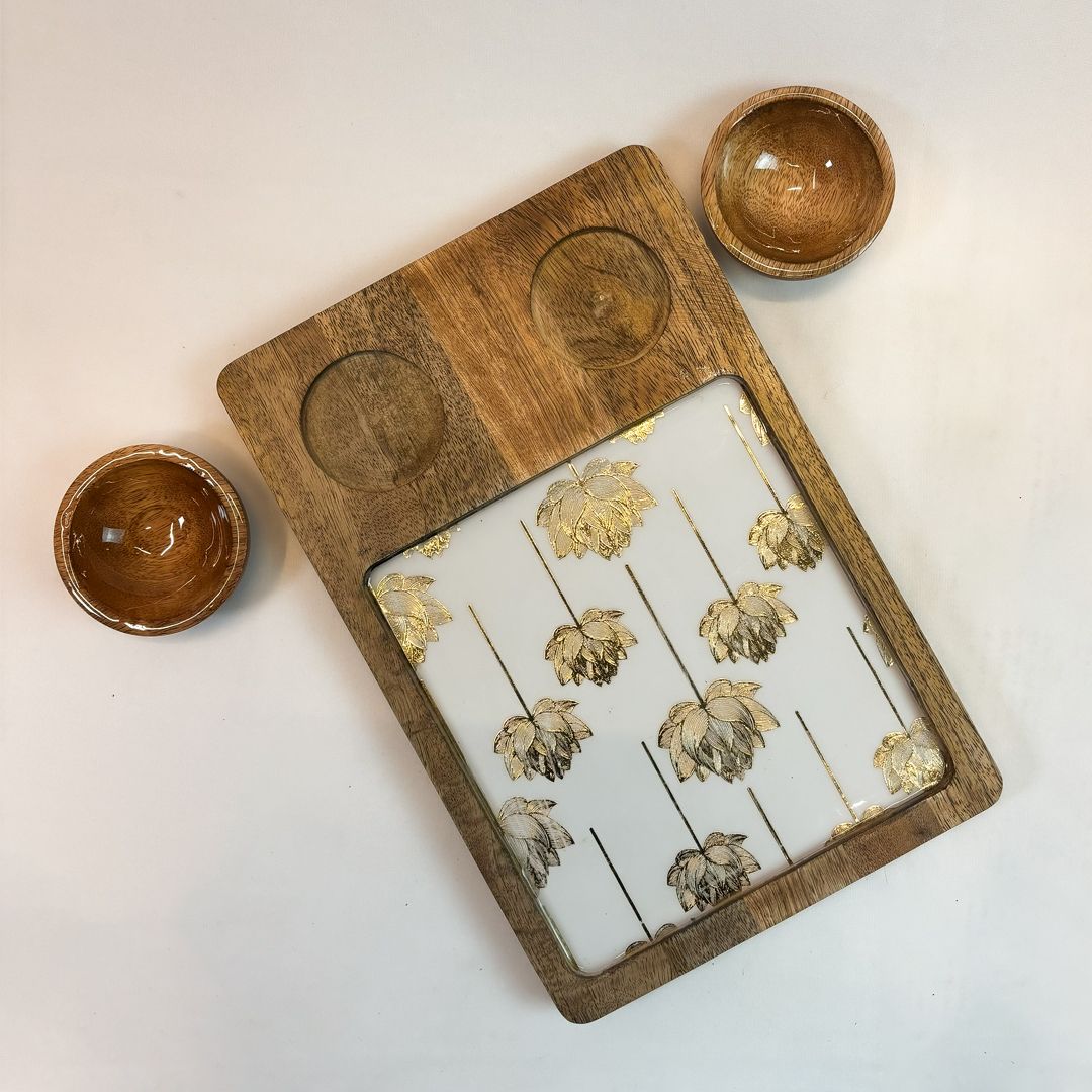 sbbh home Wooden Starter Tray with 2 Dip Bowls and Lotus Design Base for Home & Parties Chip & Dip Tray Serving Set-picture-13