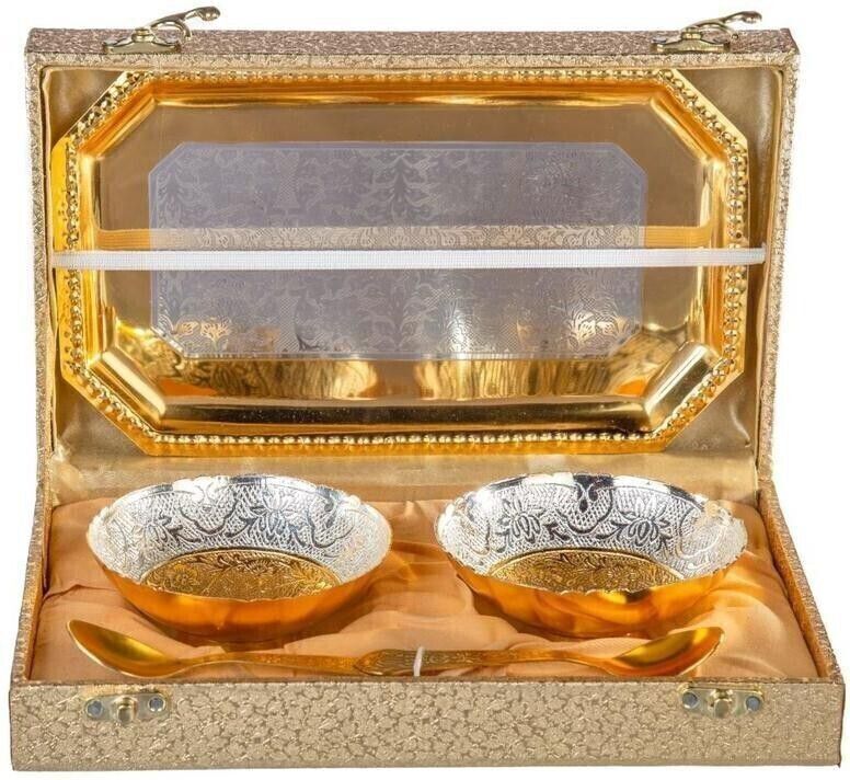 international gift Gold & Silver Plated 2 Round Bowl, 2 Spoon & Tray With Box" Bag | For Dry Fruit Bowl Serving Set-picture-31