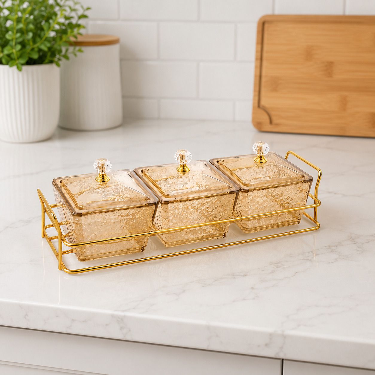 Luxury Glass Seasoning Container Set of 3 with Gold Rack Bowl, Tray Serving Set-image-5