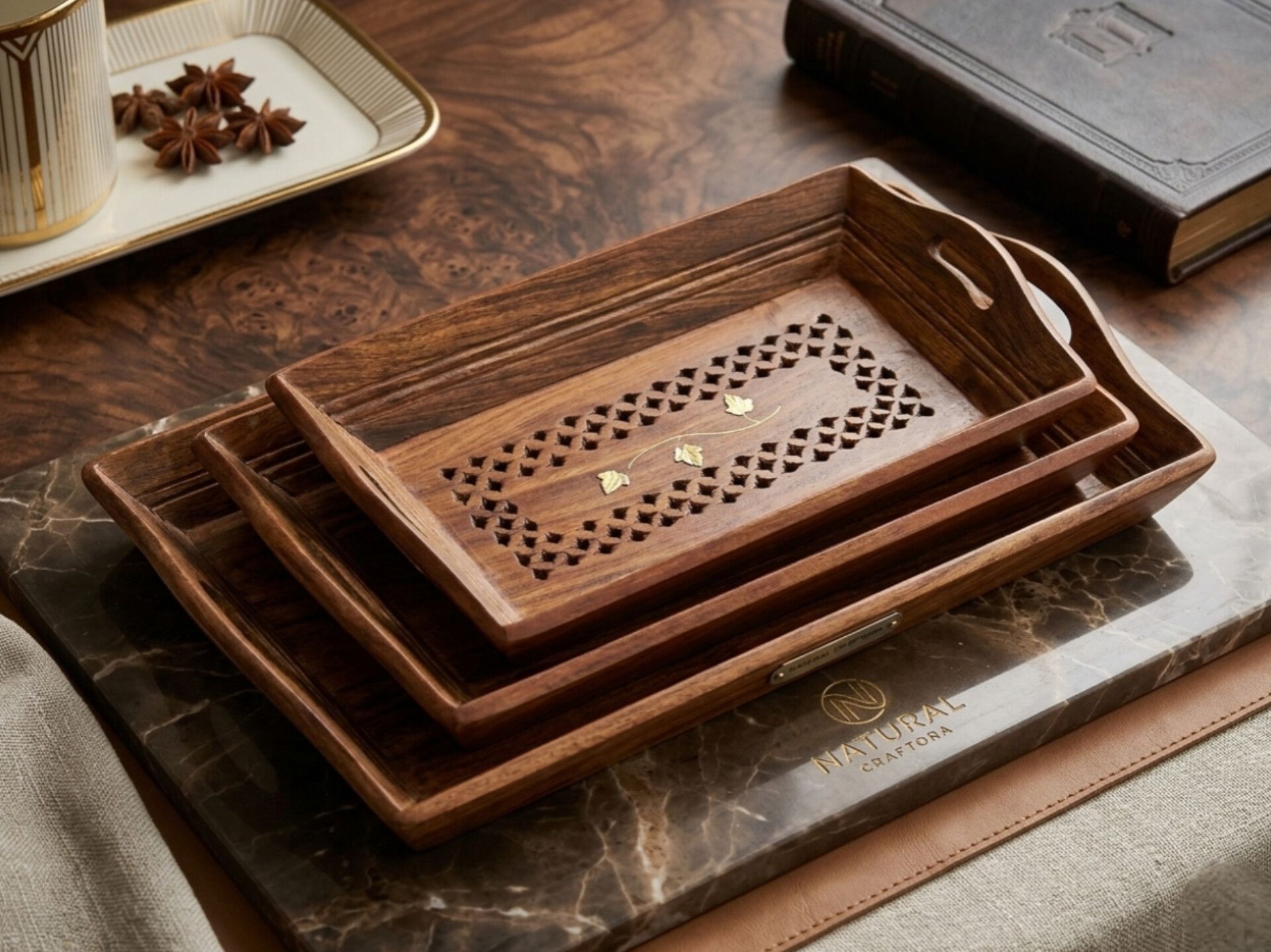 naturalcraftora Handcrafted Wooden Serving Tray Set Tray Serving Set-picture-24