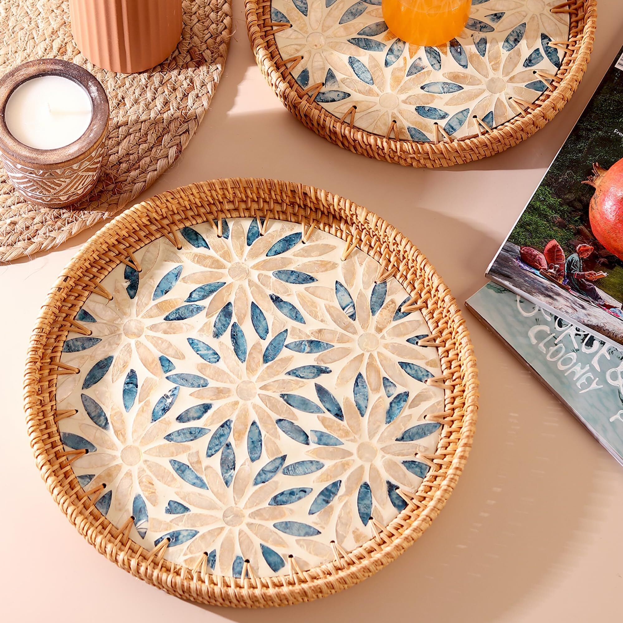 habere india Boho Round Tray Cane Beige with Handwoven Texture for Table Decor Tray Serving Set-picture-24