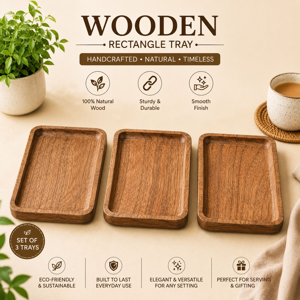 Premium Acacia Wood Rectangular Serving Tray with Rounded Corners Tray Serving Set-image-10
