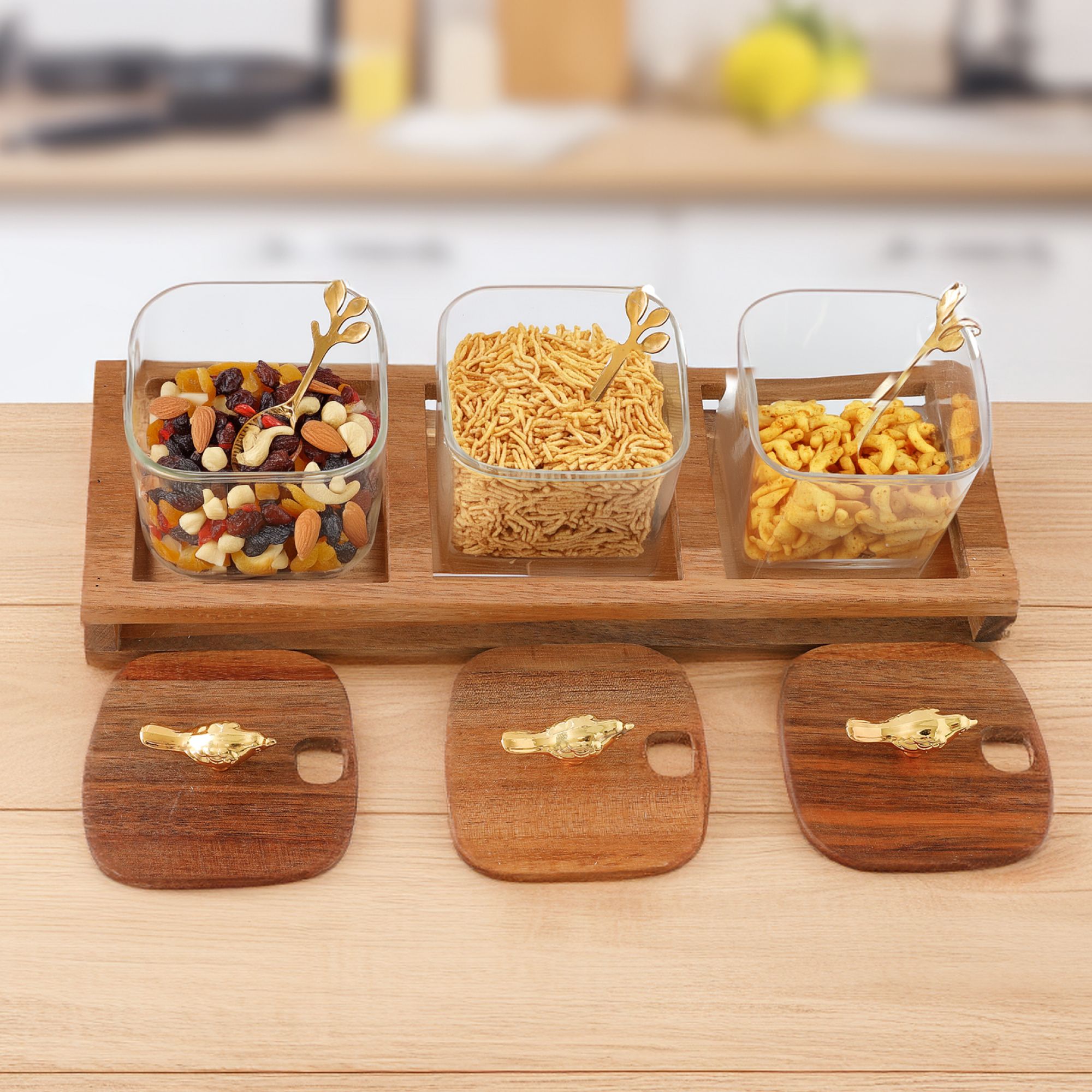 umai Serving Set For Snacks With Wooden (380ml each) Container Serving Set-picture-28