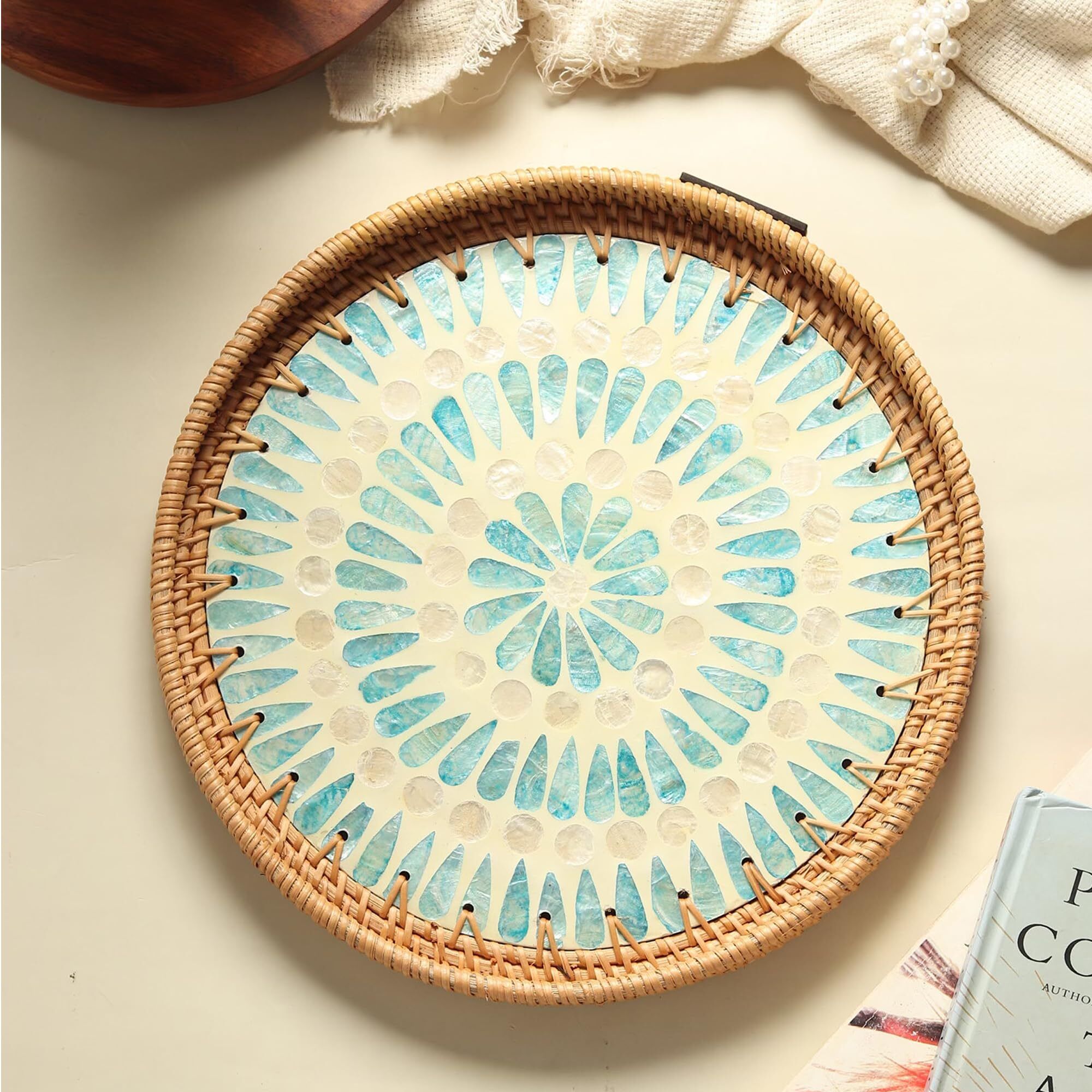 habere india Modern Serving Tray Cane Beige with Braided Design for Table Styling Tray Serving Set-picture-23