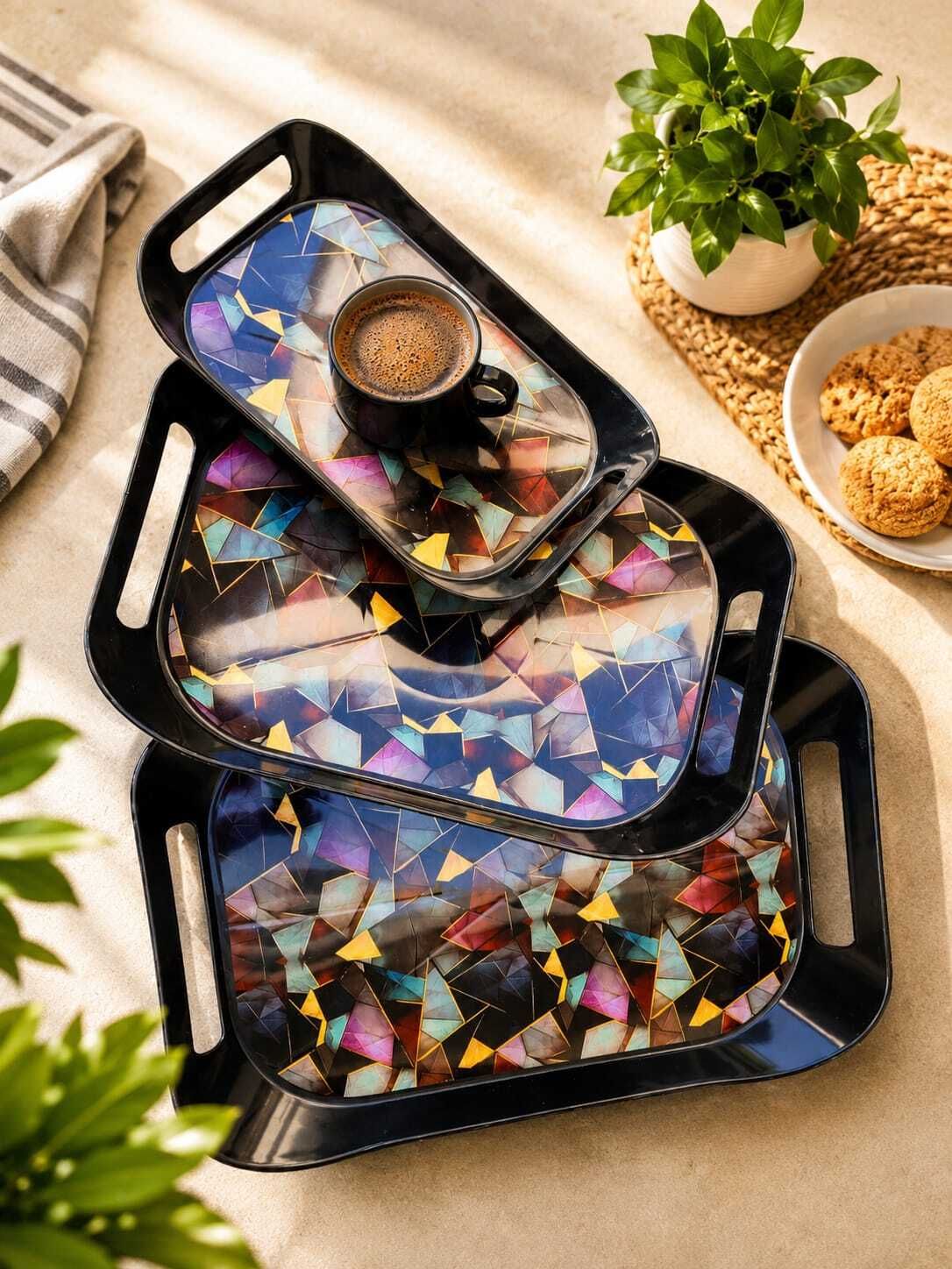 Unbreakable Plastic Serving Tray Set of 3 | Modern Designer Tray Serving Set-image-4