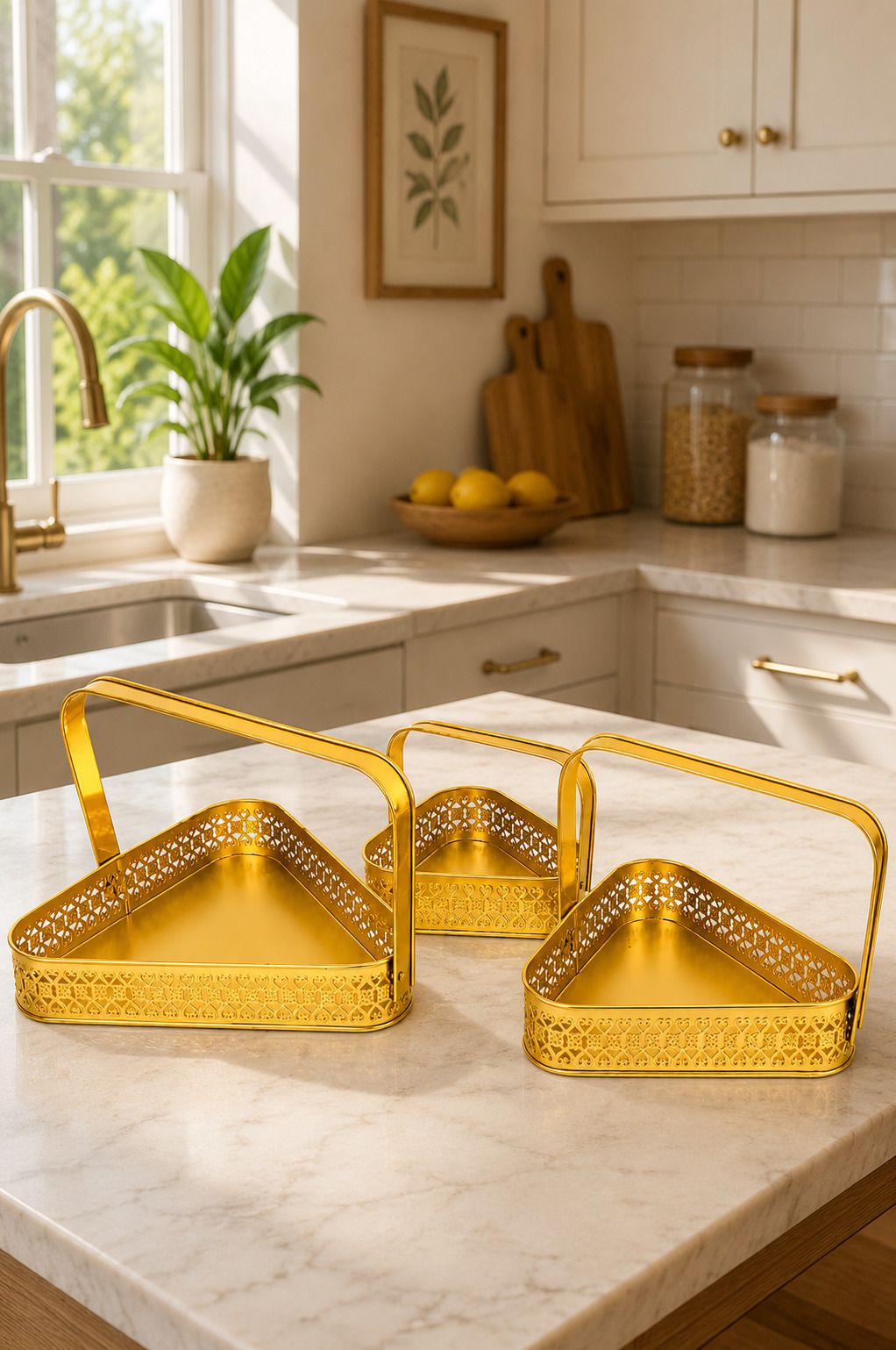 r k handicrafts Set of 3 Triangle Metal Serving Trays with Handle Gold Organizer Basket Tray Serving Set-picture-34