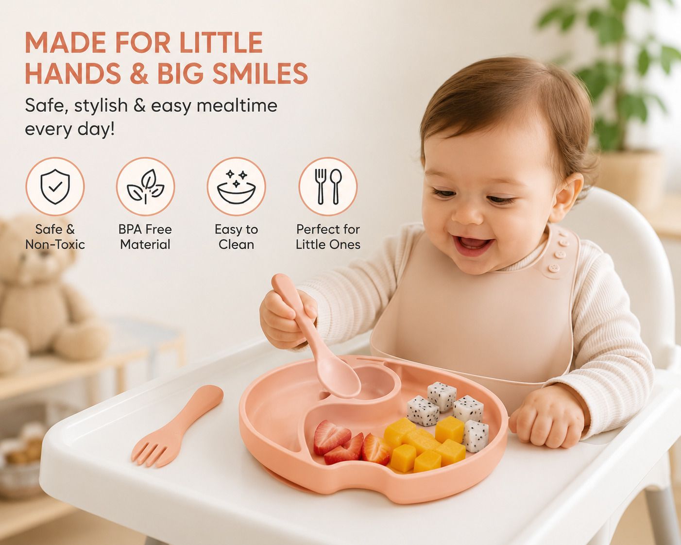 Kids Silicone Feeding Set Suction Plate Spoon Fork Food Grade BPA Free Plate Serving Set-image-12