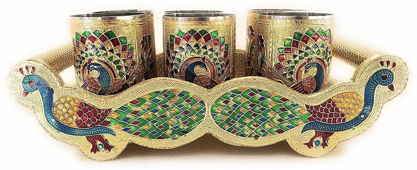 vedvit Stainless Steel Meenakari Flower Drinking Glass with Serving Tray Juice Glass Tray, Glass Serving Set-picture-10