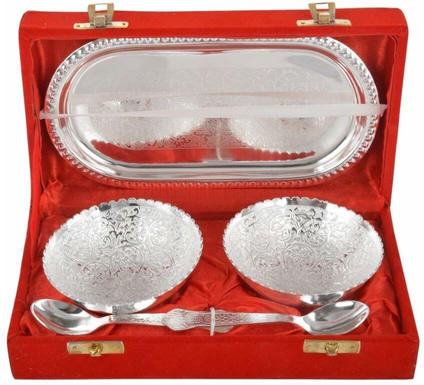 Round Silver Plated Bowl with Tray Set Includes-1 Tray, 2 Bowls(150 ml),2 Spoons Bowl, Spoon, Tray Serving Set-image-19