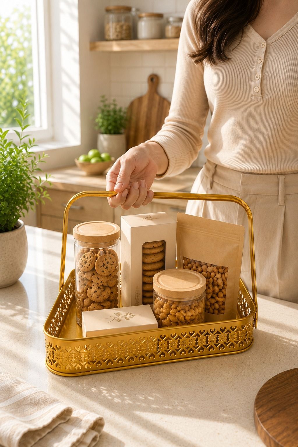 the urban home Large Triangle Metal Basket with Handle Gold Fruit Serving Gift Hamper Tray Tray Serving Set-picture-33