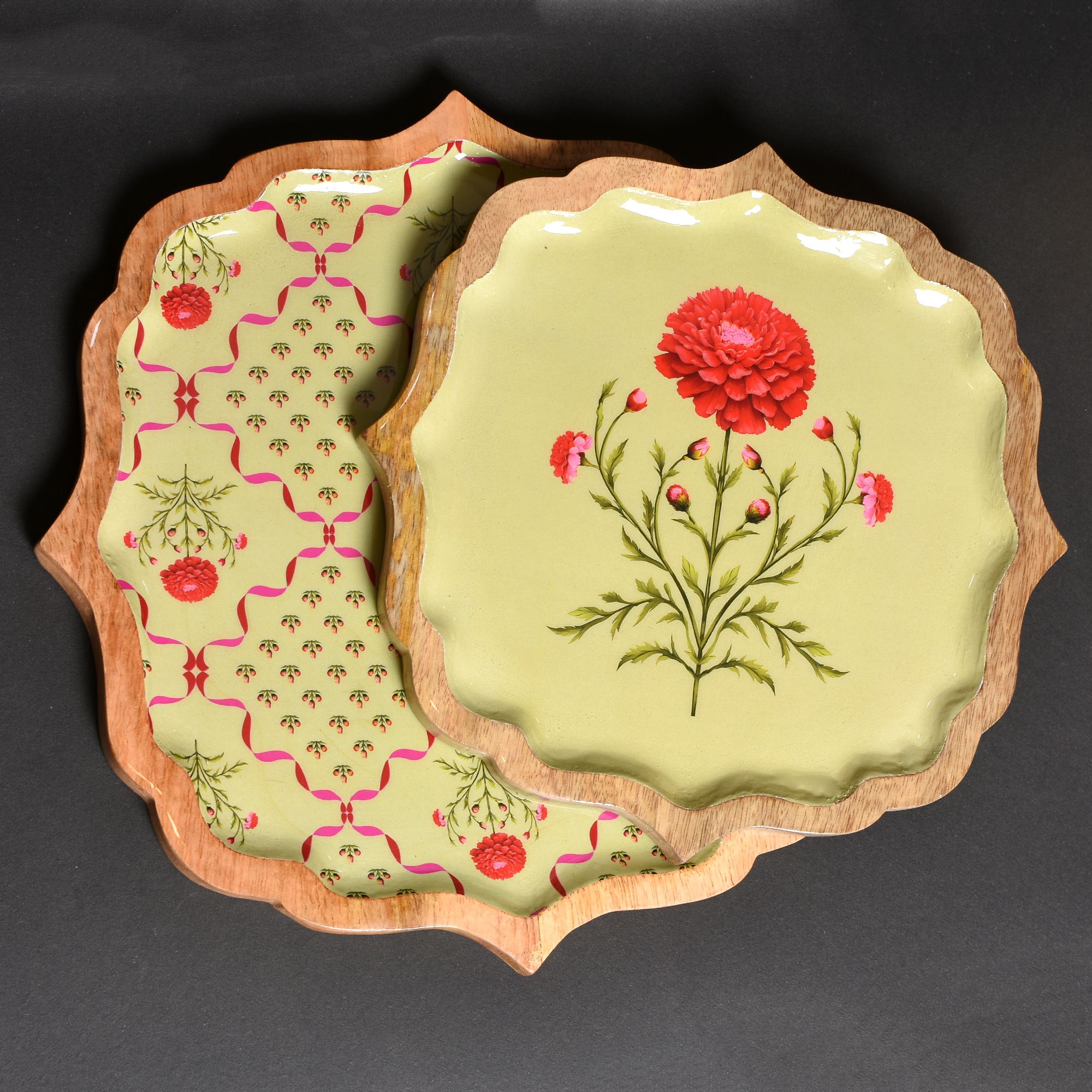 zunaldo Premium Wooden Enamel Set of 2–Yellow Floral Print (12" Large & 10" Small) Tray Serving Set-picture-21