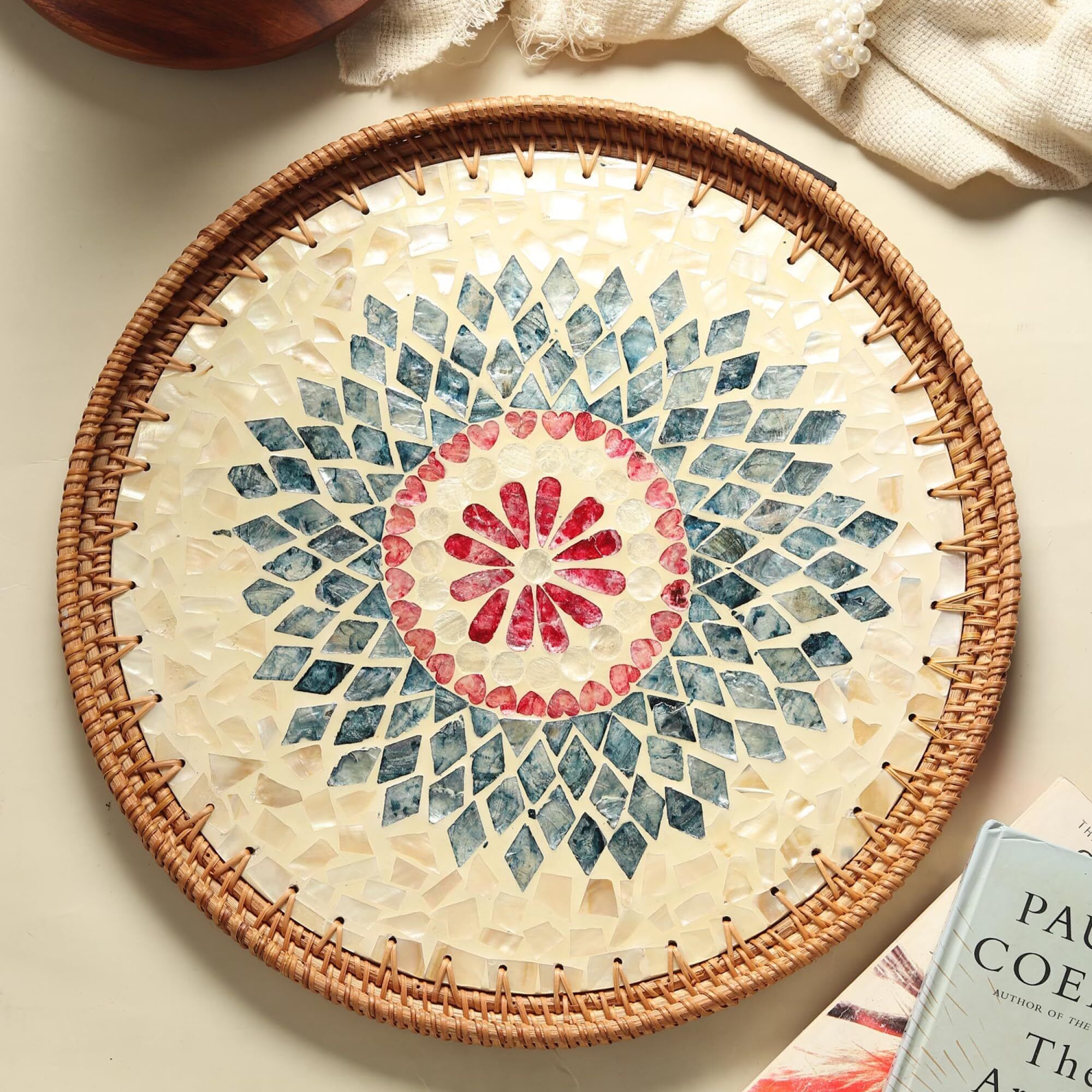 habere india Multipurpose Serving Tray Rattan Beige with Textured Finish for Home Use Tray Serving Set-picture-22