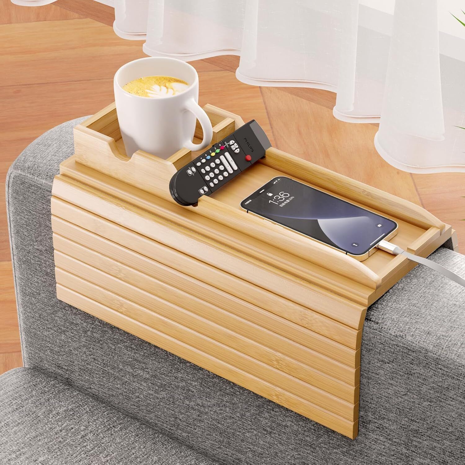 store2508 Bamboo Sofa Armrest Tray Couch Arm Tray Detachable Couch Cup Holder Anti-Slip Tray Serving Set-picture-23