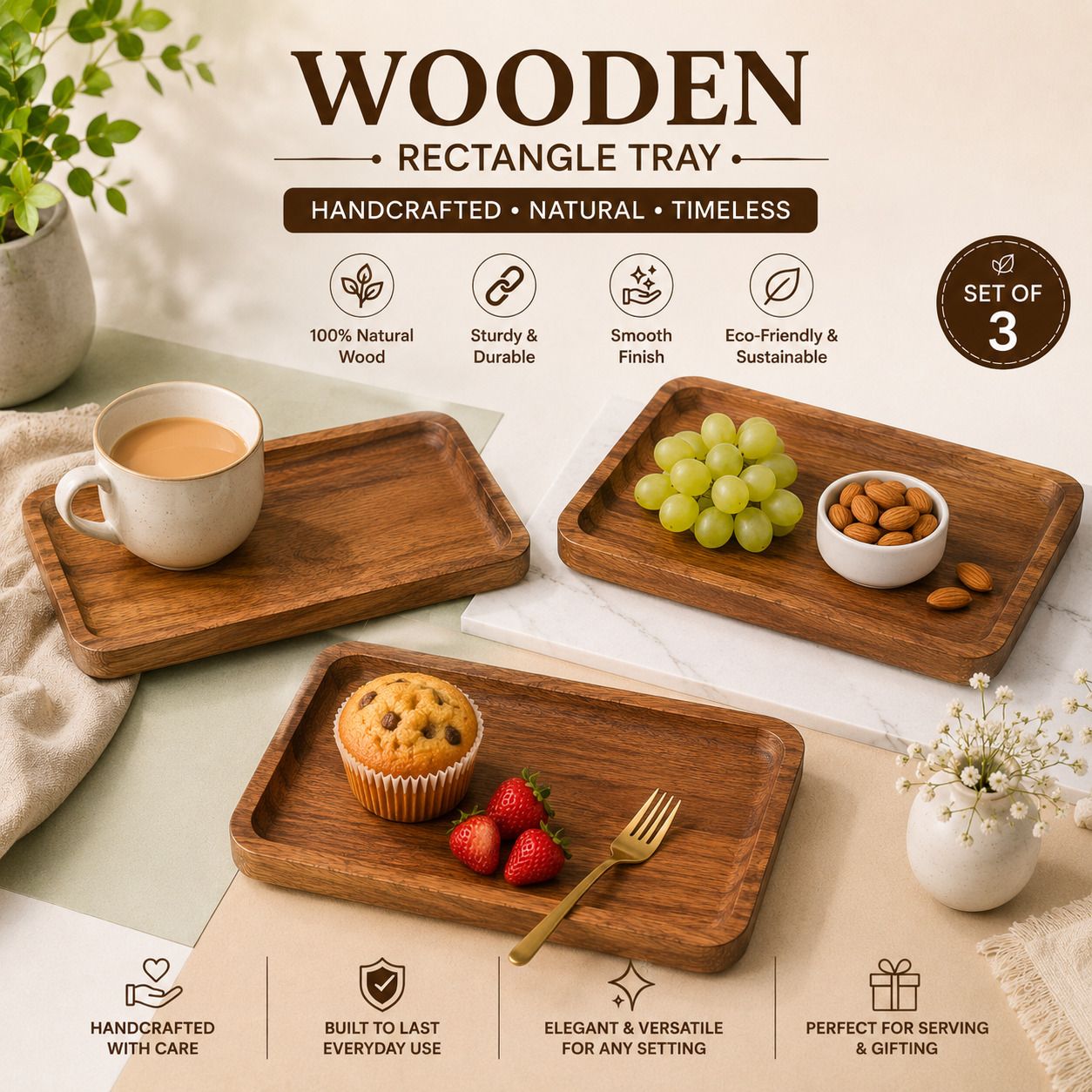 Premium Acacia Wood Rectangular Serving Tray with Rounded Corners Tray Serving Set-image-6