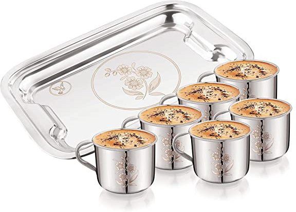 Royal Deluxe Laser Design Stainless Steel Tea and Coffee Cup 140ml Tray Set of 7 Cup, Tray Serving Set-image-5