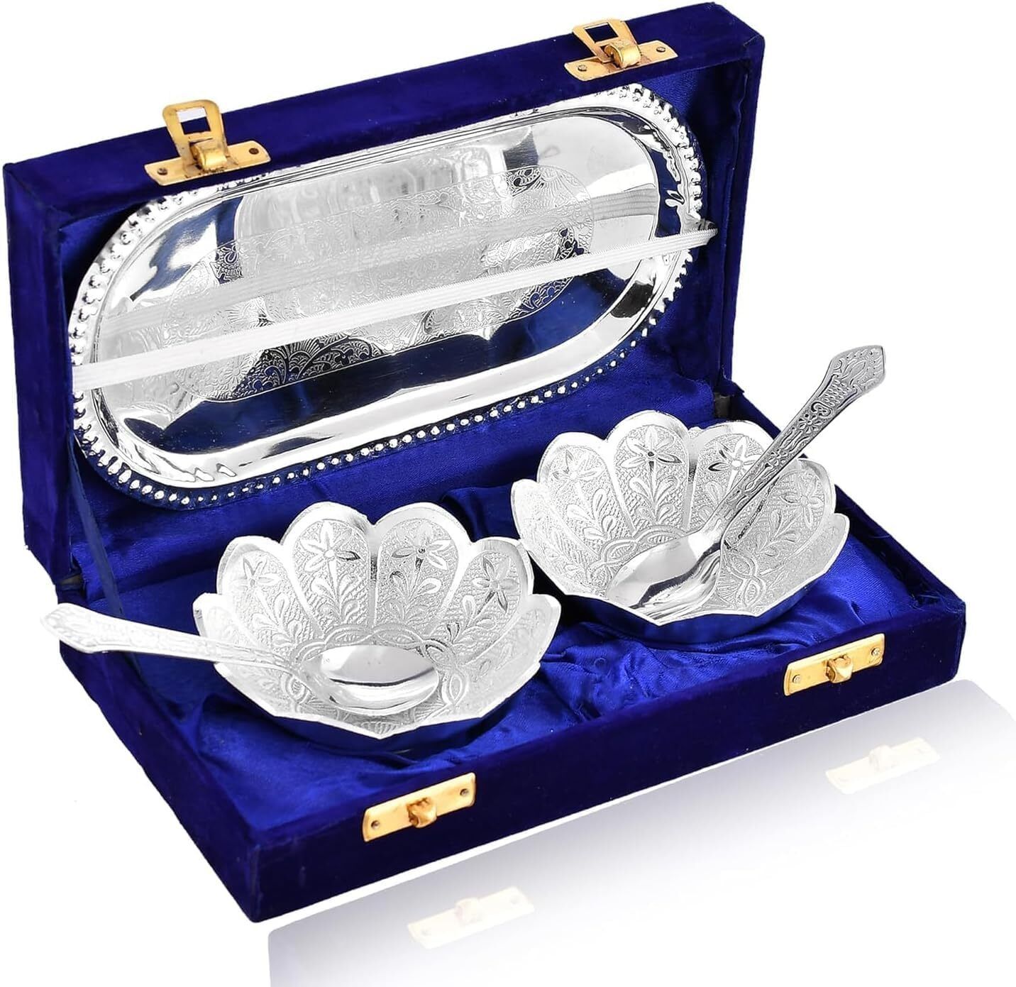 hsr handicrafts Silver Plated Dry Fruit Serving Gift Set with Floral Bowls Tray Bowl, Spoon, Tray Serving Set-picture-32